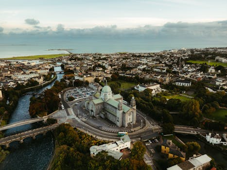 A breathtaking aerial view of Galway, Ireland featuring St. Nicholas' Cathedral and surrounding landscape.